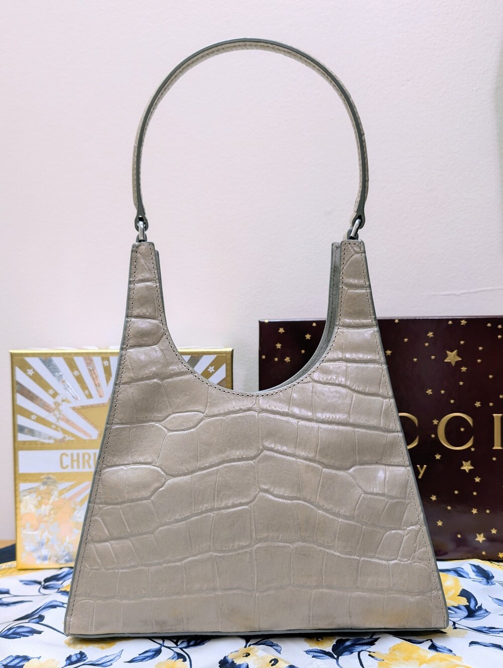Staud Croc Embossed Rey Bag in French Grey